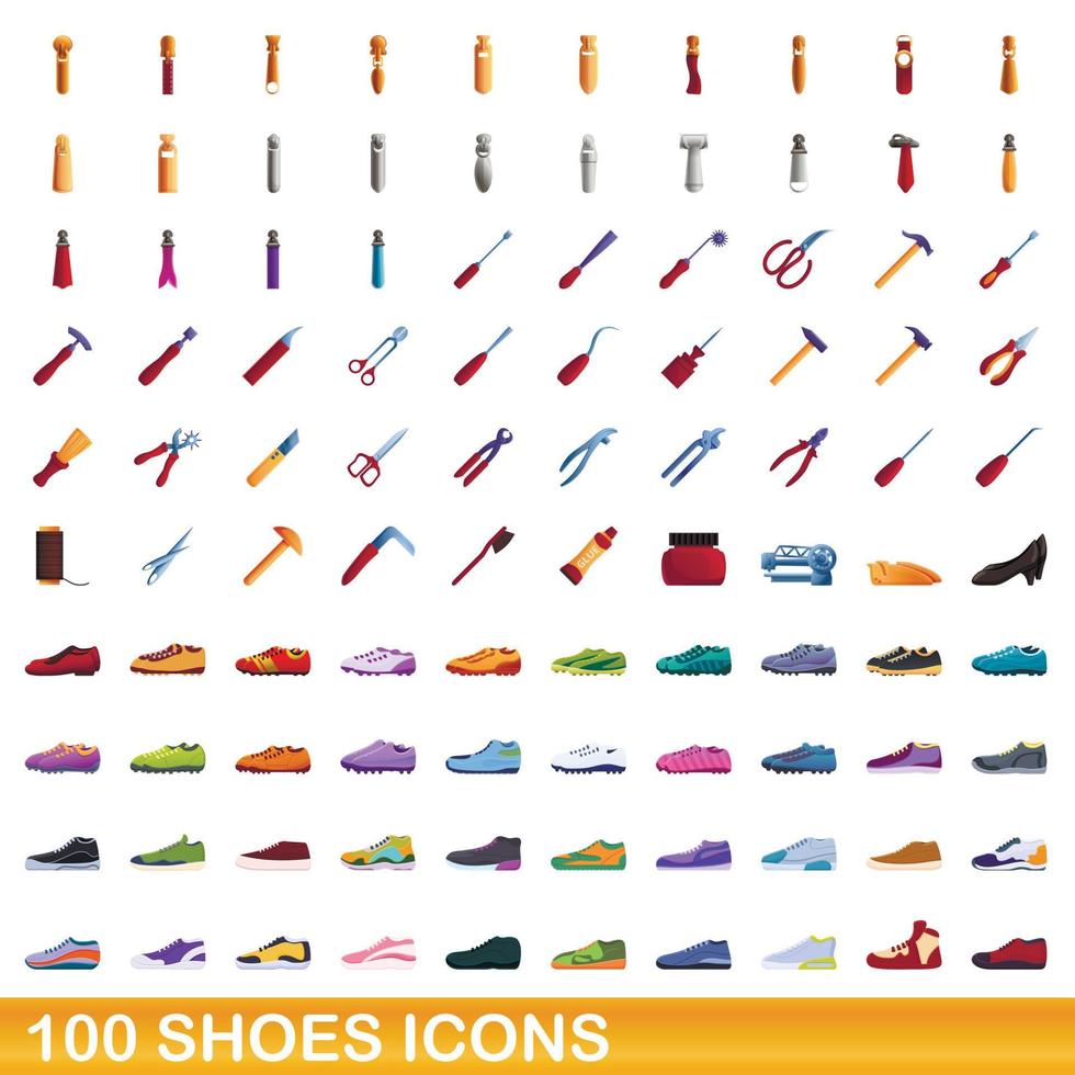 100 sapatos conjunto de ícones, estilo cartoon vetor