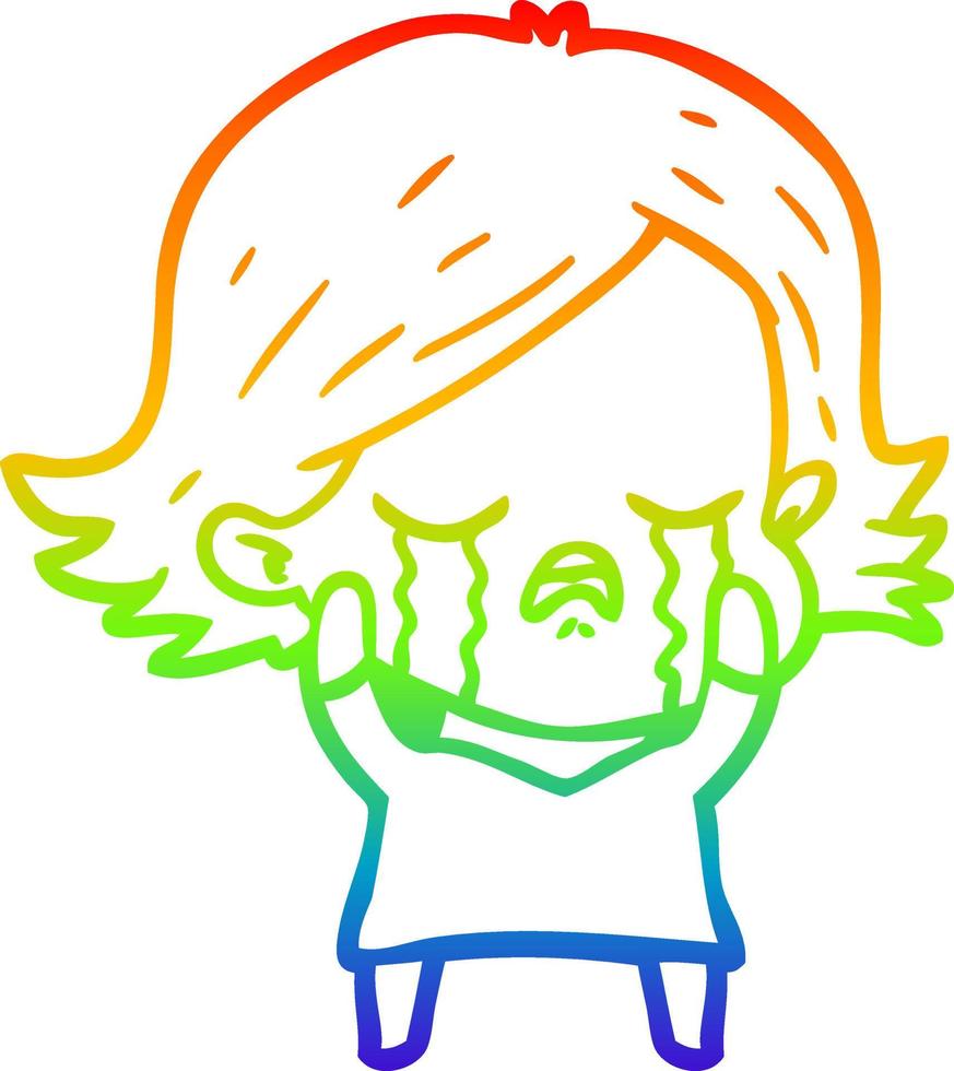 desenho de linha de gradiente de arco-íris menina de desenho animado chorando vetor