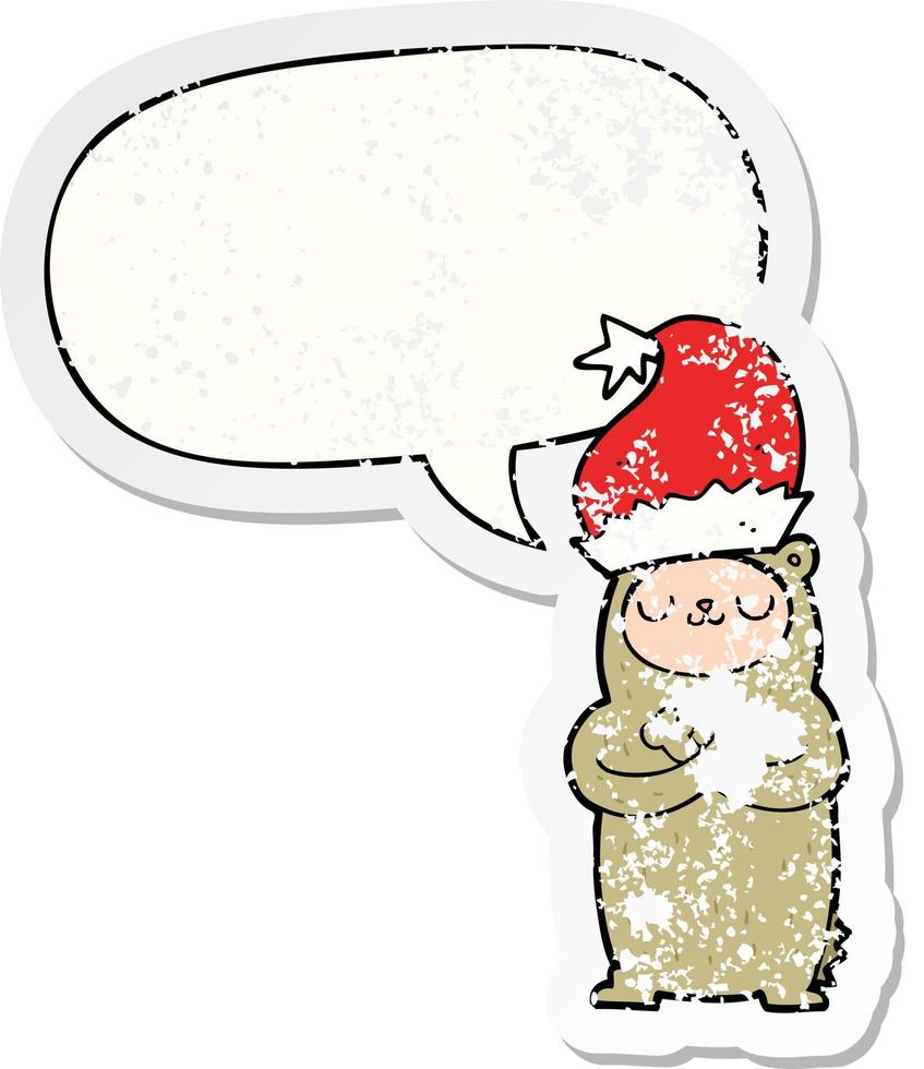 urso de desenho animado usando chapéu de natal e adesivo angustiado de bolha de fala vetor