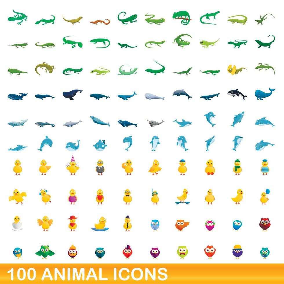 conjunto de 100 ícones de animais, estilo cartoon vetor