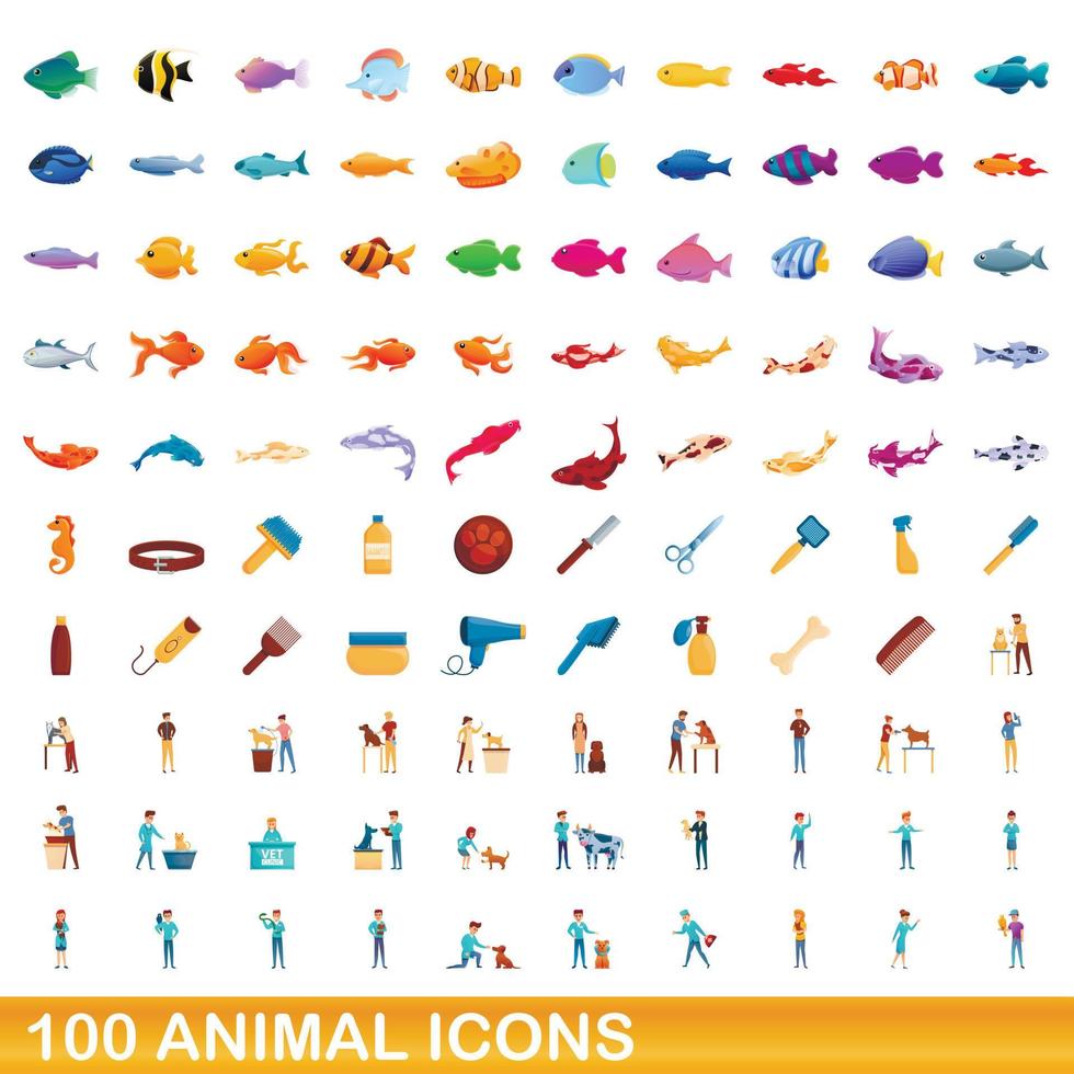 conjunto de 100 ícones de animais, estilo cartoon vetor