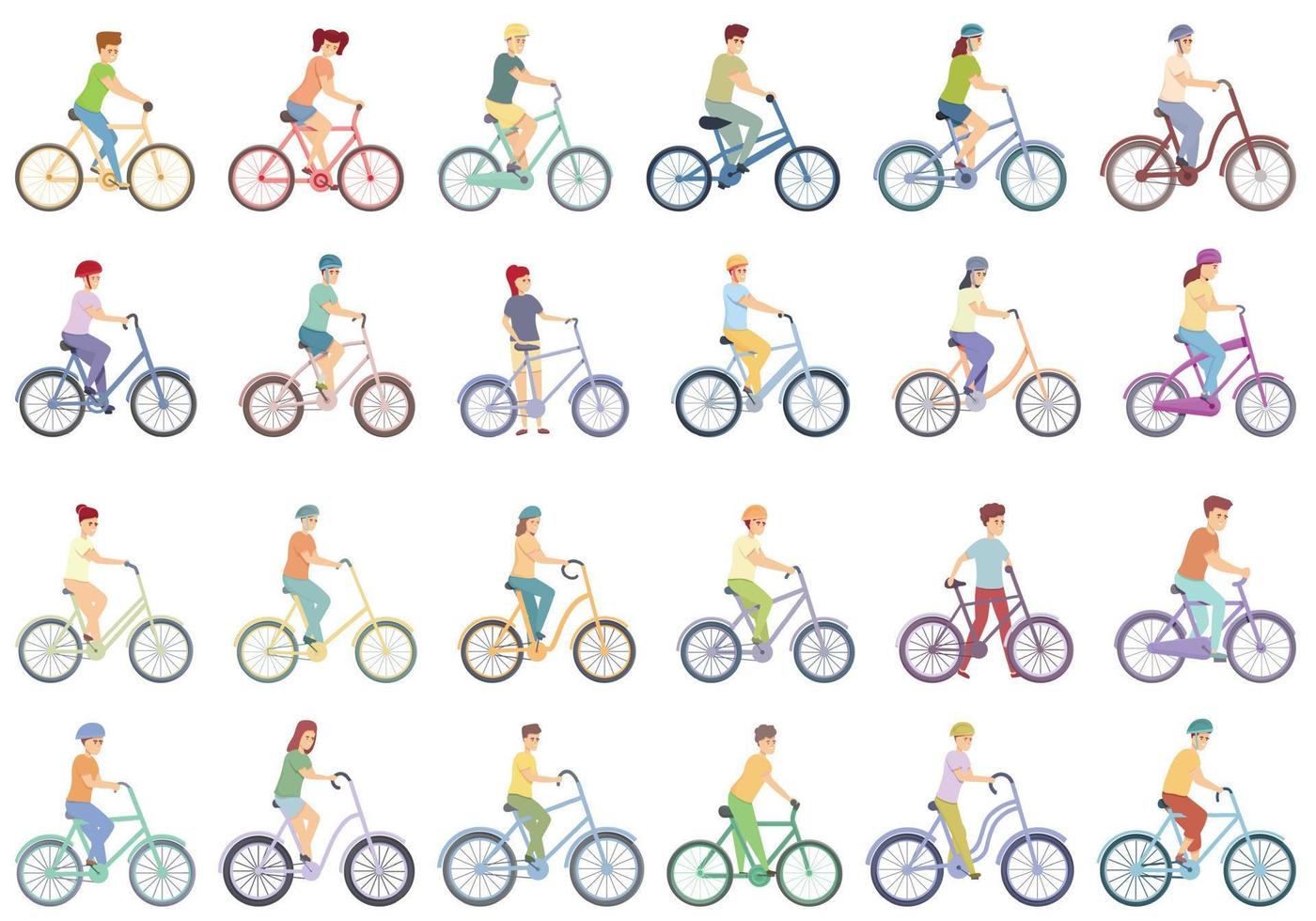crianças ciclismo ícones definir vetor dos desenhos animados. bicicleta infantil