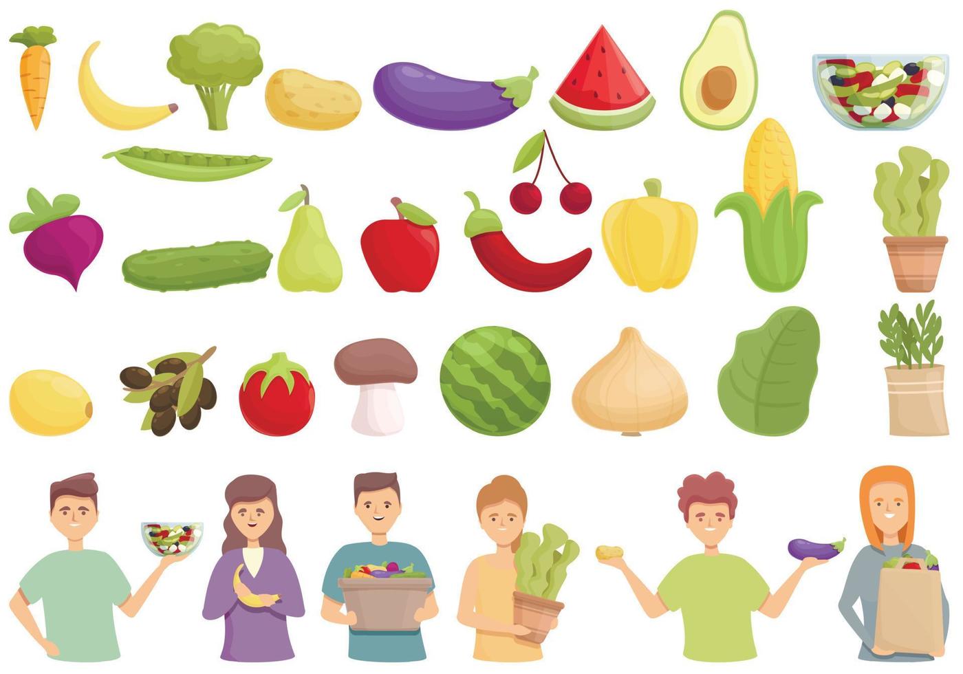 ícones do vegetarianismo definir vetor dos desenhos animados. fruta vegana