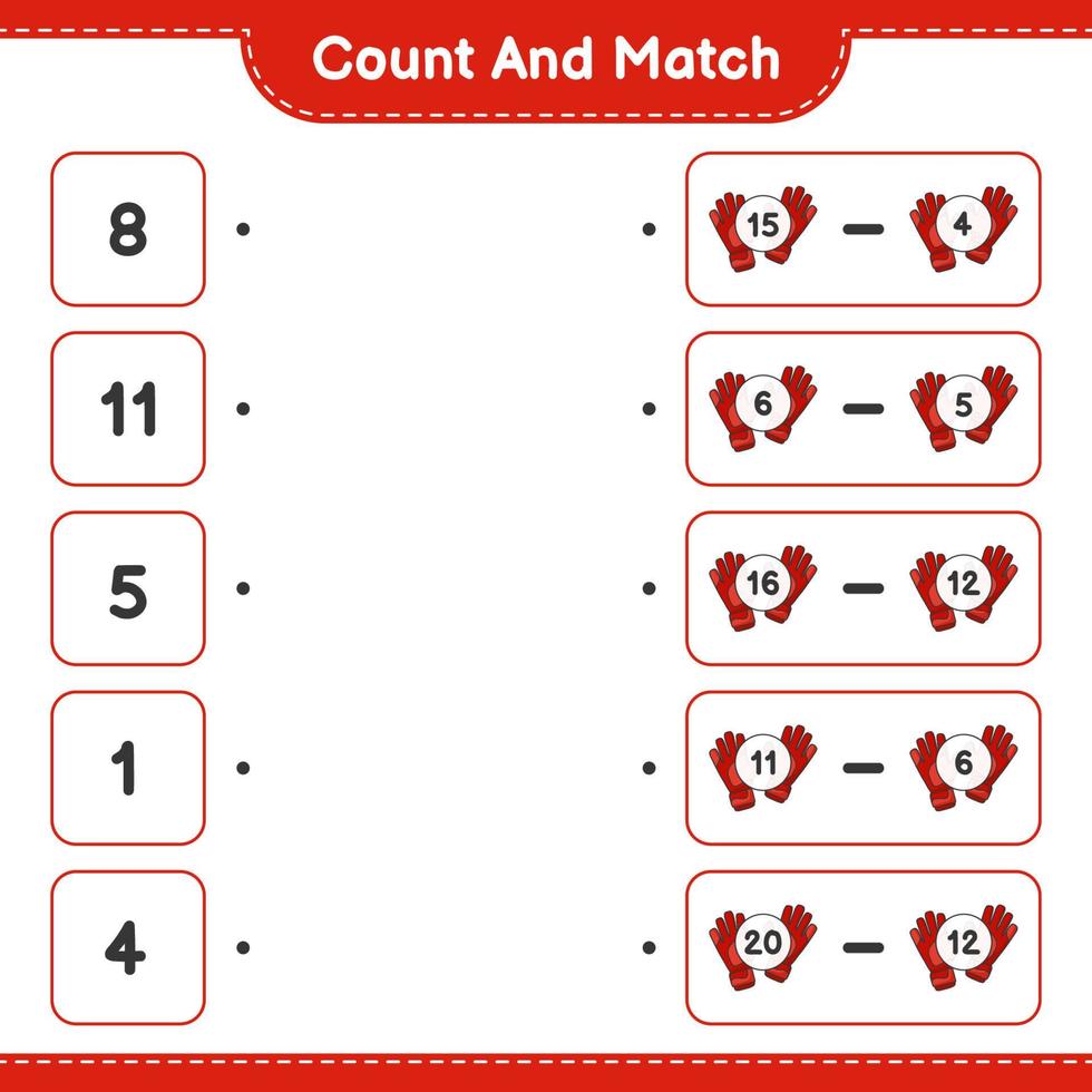 contar e combinar, contar o número de luvas de goleiro e combinar com os números certos. jogo educativo para crianças, planilha para impressão, ilustração vetorial vetor