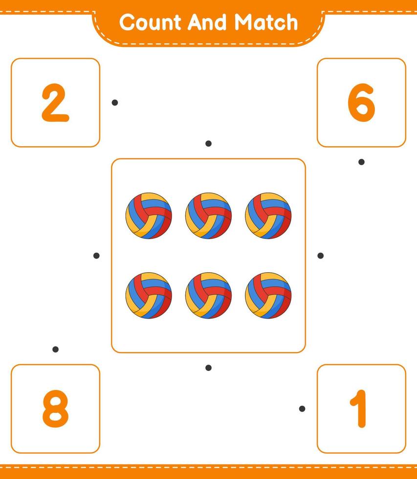 contar e combinar, contar o número de voleibol e combinar com os números certos. jogo educativo para crianças, planilha para impressão, ilustração vetorial vetor