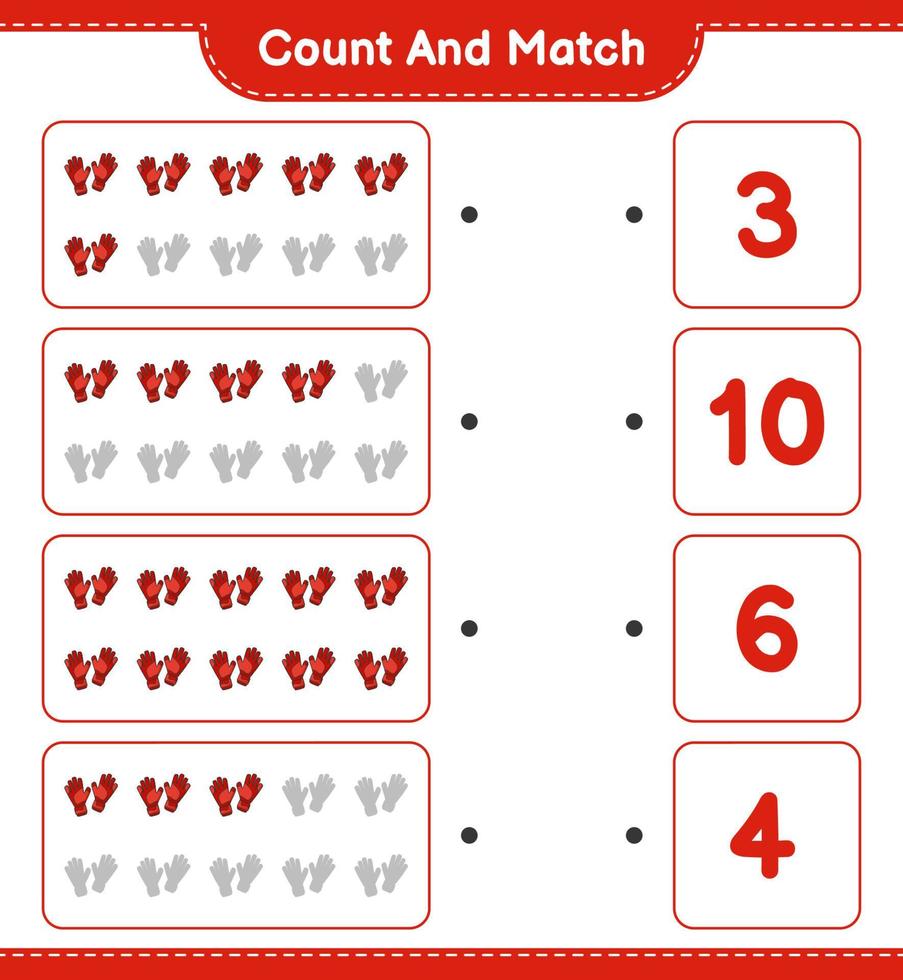 contar e combinar, contar o número de luvas de goleiro e combinar com os números certos. jogo educativo para crianças, planilha para impressão, ilustração vetorial vetor