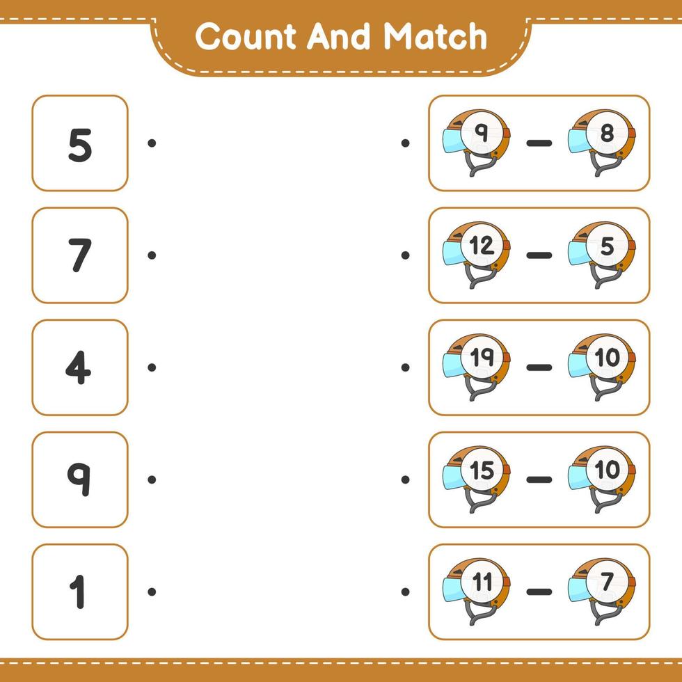 contar e combinar, contar o número de capacete de hóquei e combinar com os números certos. jogo educativo para crianças, planilha para impressão, ilustração vetorial vetor