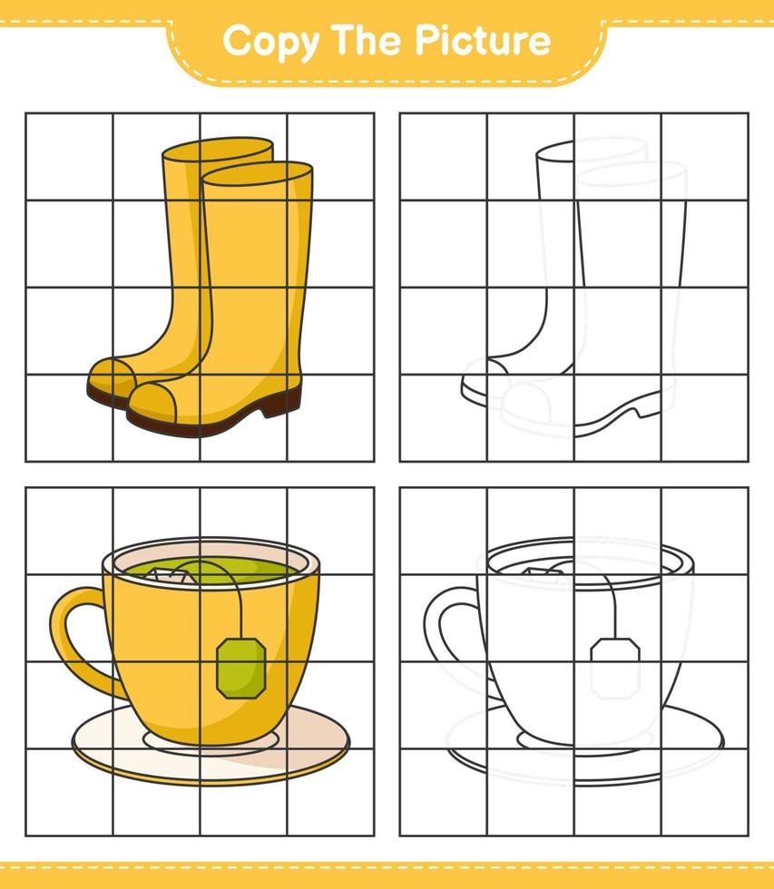 copie a imagem, copie a imagem de botas de borracha e xícara de chá usando linhas de grade. jogo educativo para crianças, planilha para impressão, ilustração vetorial vetor