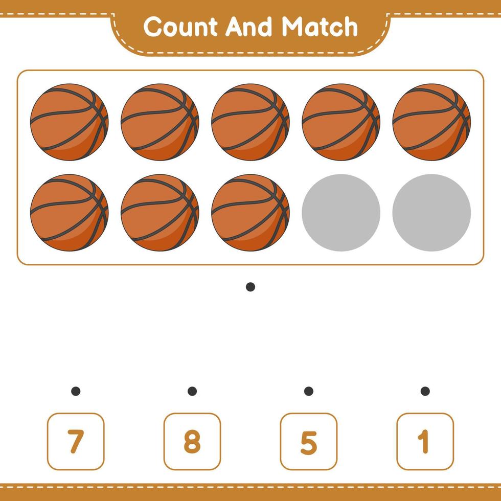 conte e combine, conte o número de basquete e combine com os números certos. jogo educativo para crianças, planilha para impressão, ilustração vetorial vetor
