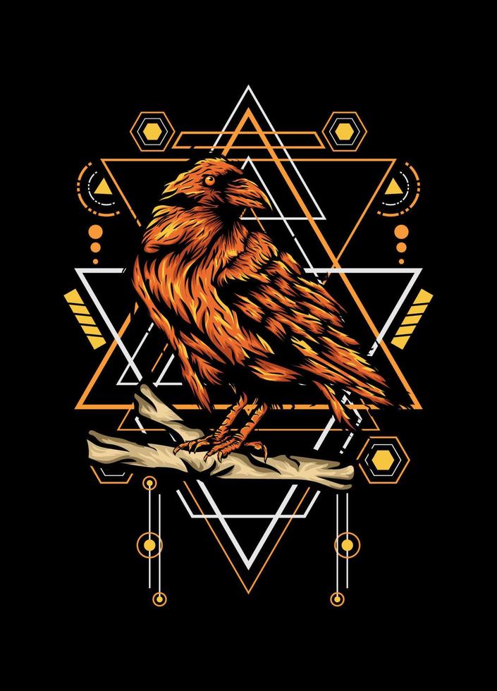 corvo, pássaro corvo, ilustração vetorial com padrão de geometria sagrada para design de camiseta vetor