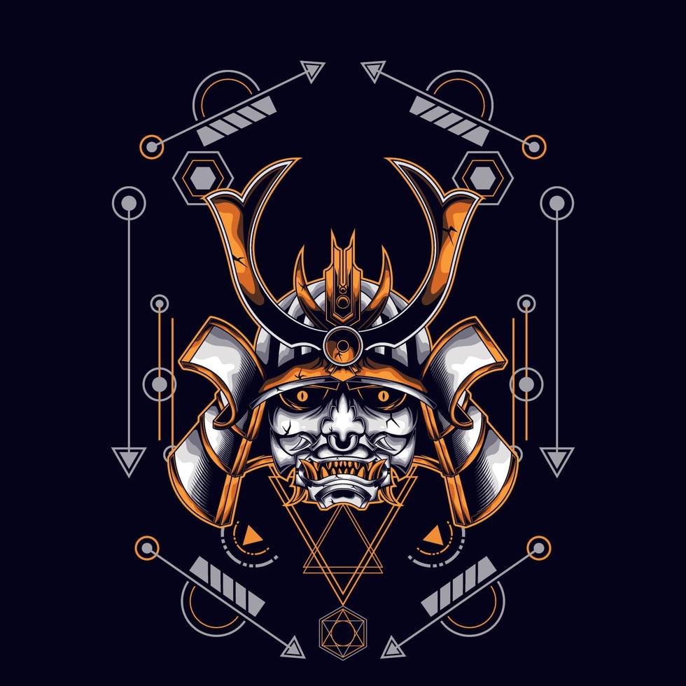 cabeça de samurai de máscara oni com ornamento de geometria sagrada para design de camiseta vetor