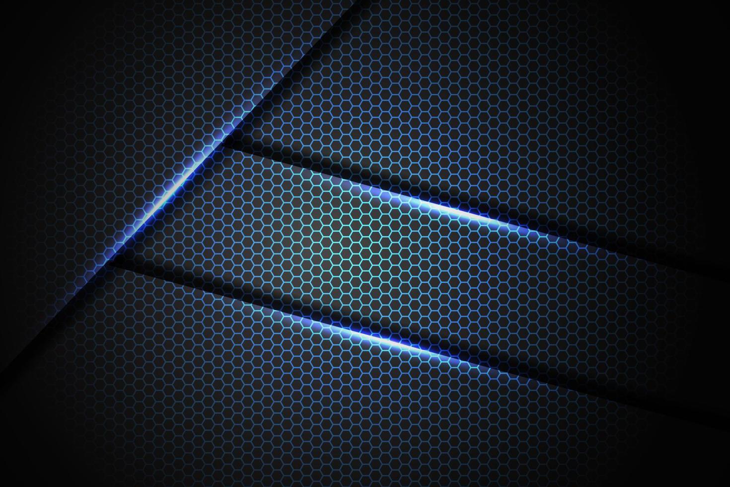 triângulo de barra de luz azul abstrato em preto com fundo de malha hexagonal vetor