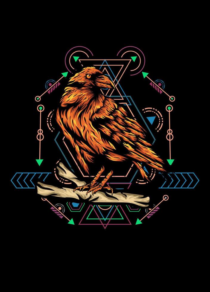 corvo, pássaro corvo, ilustração vetorial com padrão de geometria sagrada para design de camiseta vetor