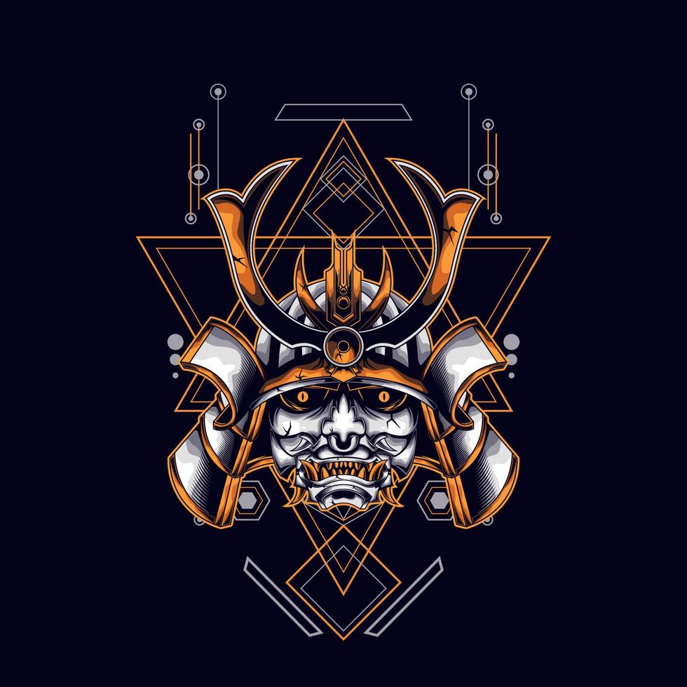 cabeça de samurai de máscara oni com ornamento de geometria sagrada para design de camiseta vetor