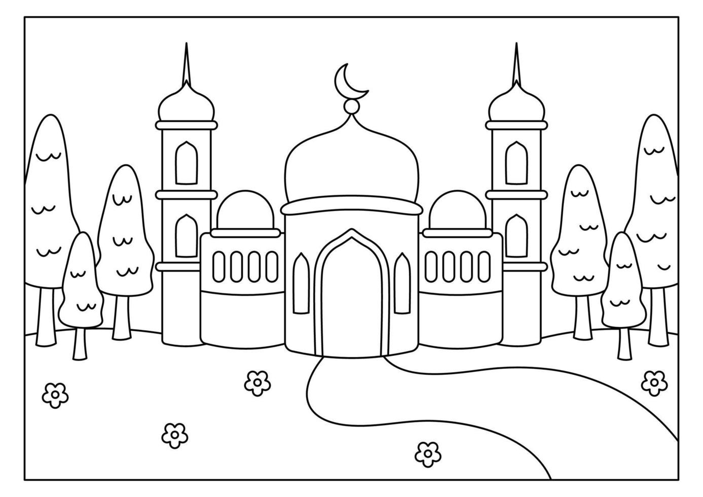 página para colorir mesquita para atividade de crianças muçulmanas vetor