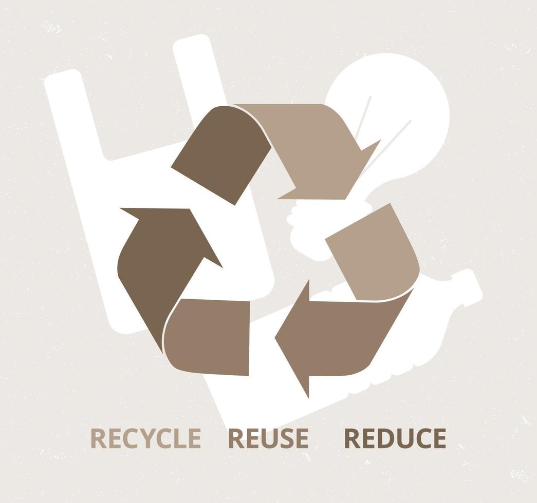 símbolo de reciclar com garrafa, lâmpada e saco. banner de ecologia com símbolo de reciclagem. conceito criativo de problema de resíduos. reduzir, reutilizar, reciclar. estilo simples de ilustração vetorial vetor