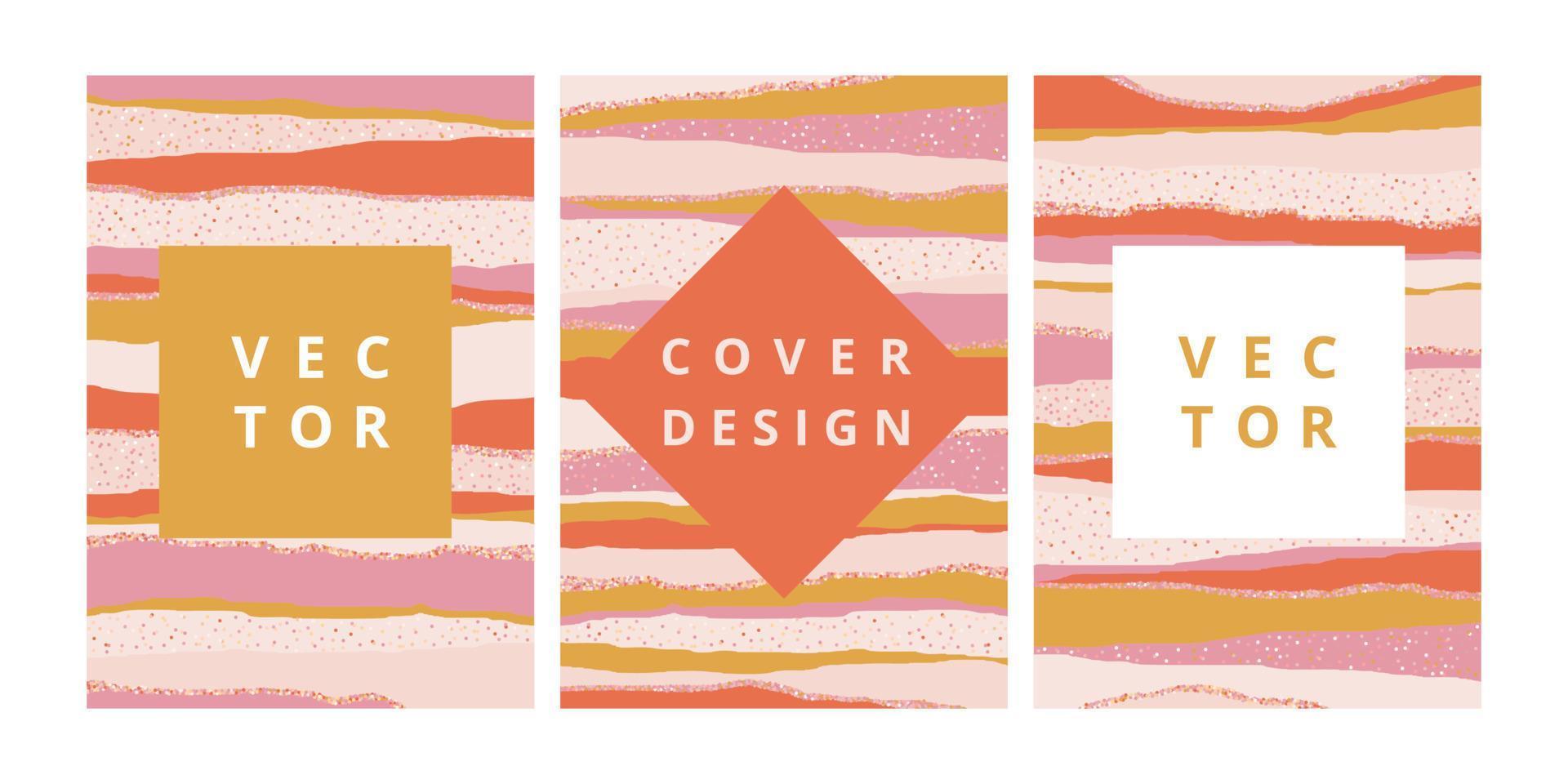 conjunto de banner rosa abstrato com textura listrada à mão livre. modelo de design moderno em fundo vintage com listras cortadas e confetes. capa retrô elegante para design de marca. ilustração vetorial vetor