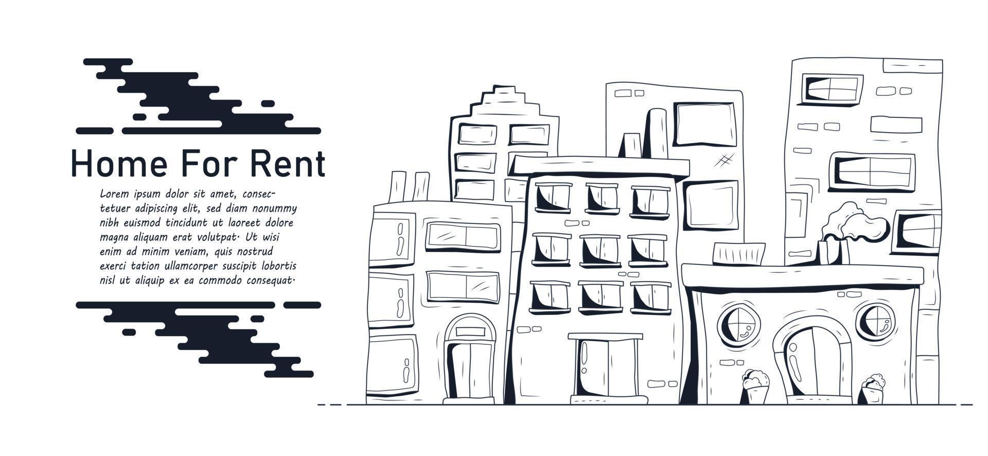 contorno da casa dos desenhos animados, design de casa desenhado à mão para aluguel, ilustração vetorial. vetor