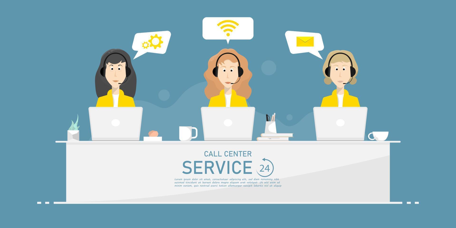 design de mulheres de call center dos desenhos animados, atendimento ao cliente 24 horas, ilustração de marketing digital. vetor