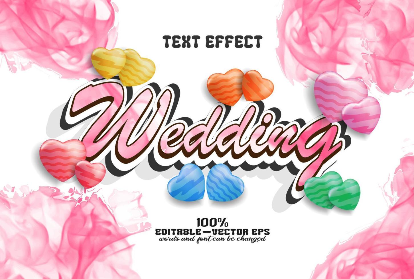 efeitos de texto de casamento editáveis, com texturas de aquarela e decorações coloridas de amor, ideais para cartões, convites de casamento, dia dos namorados vetor