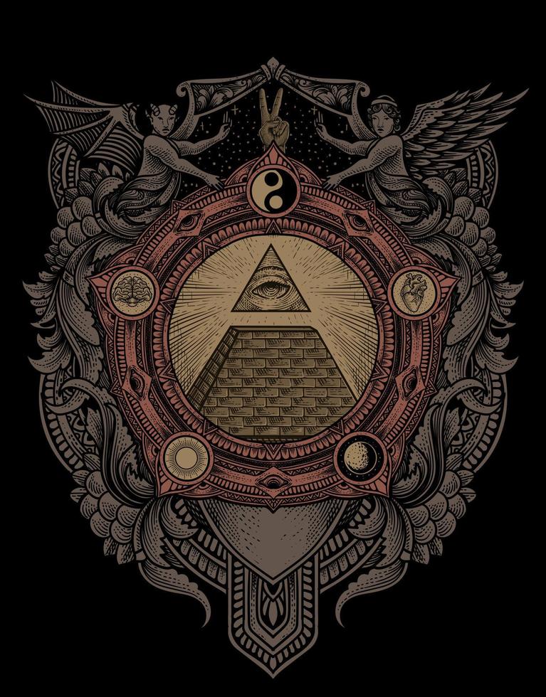 ilustração da pirâmide illuminati com estilo de gravura vetor