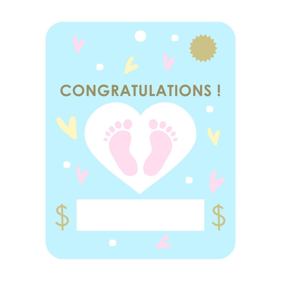 cartão de presente de parabéns-bebê. cartões de convite de saudação de chá de bebê. modelo de cores pastel azul de cartão de dinheiro. ilustração vetorial. vetor