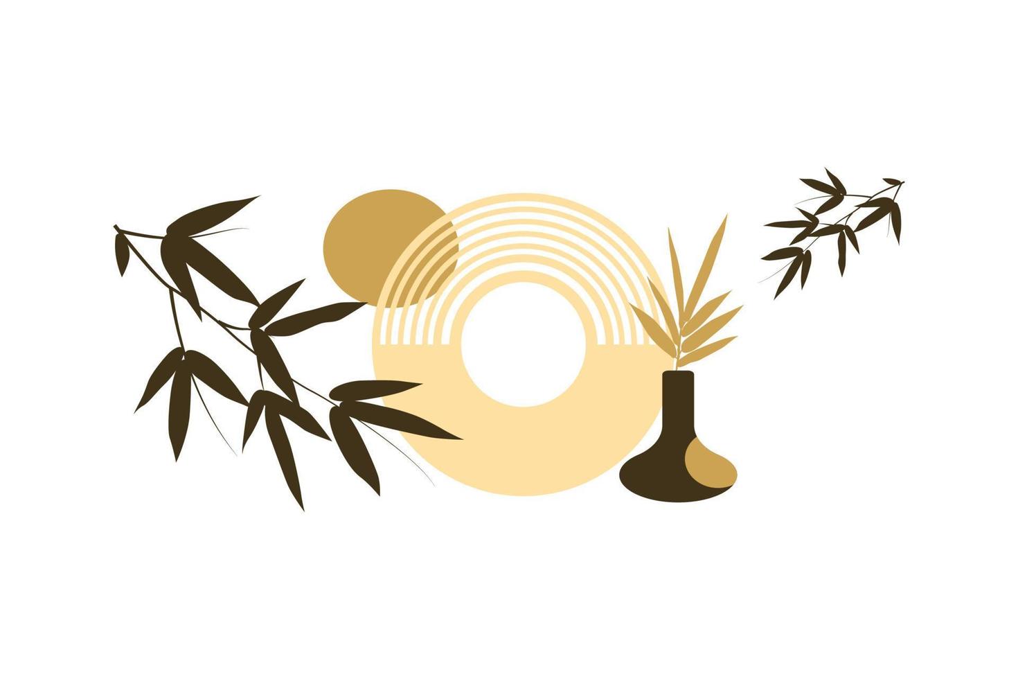 impressão boho de meados do século. formas geométricas boêmias abstratas, vaso, plantes, folhas tropicais. decoração de parede em tons de terra. estilo contemporâneo. ilustração vetorial vetor