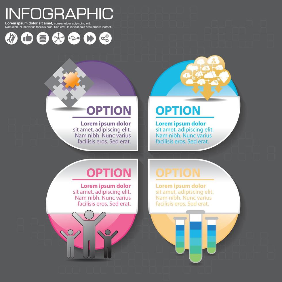 modelo de design de infográfico e conceito de negócio com 4 opções, partes, etapas ou processos. pode ser usado para layout de fluxo de trabalho, diagrama, opções de números, design de web. vetor