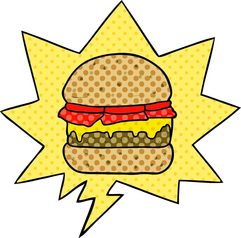 hambúrguer empilhado de desenhos animados e bolha de fala no estilo de quadrinhos vetor
