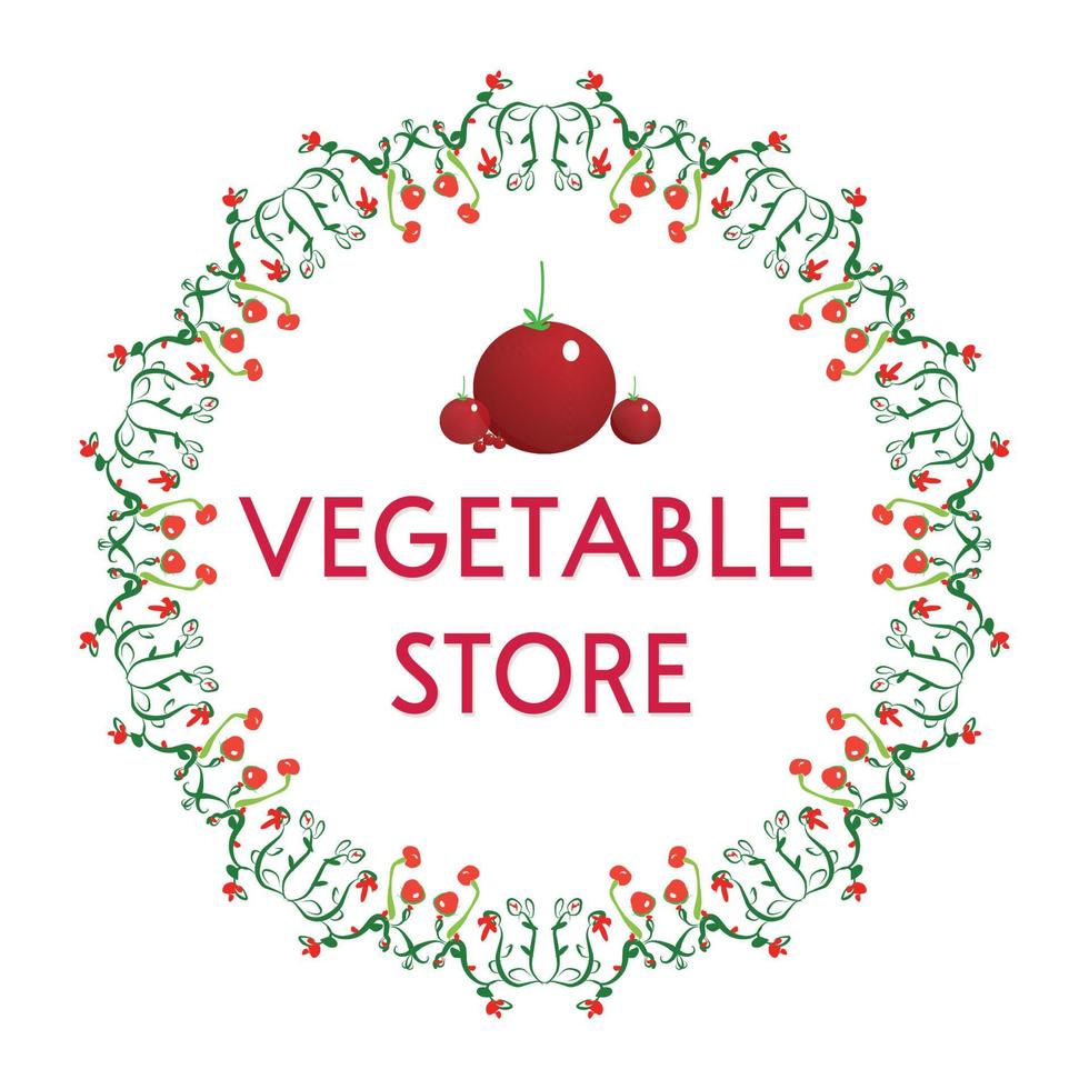 logotipo da loja de vegetais com lindas folhas, tomate e muito mais vetor