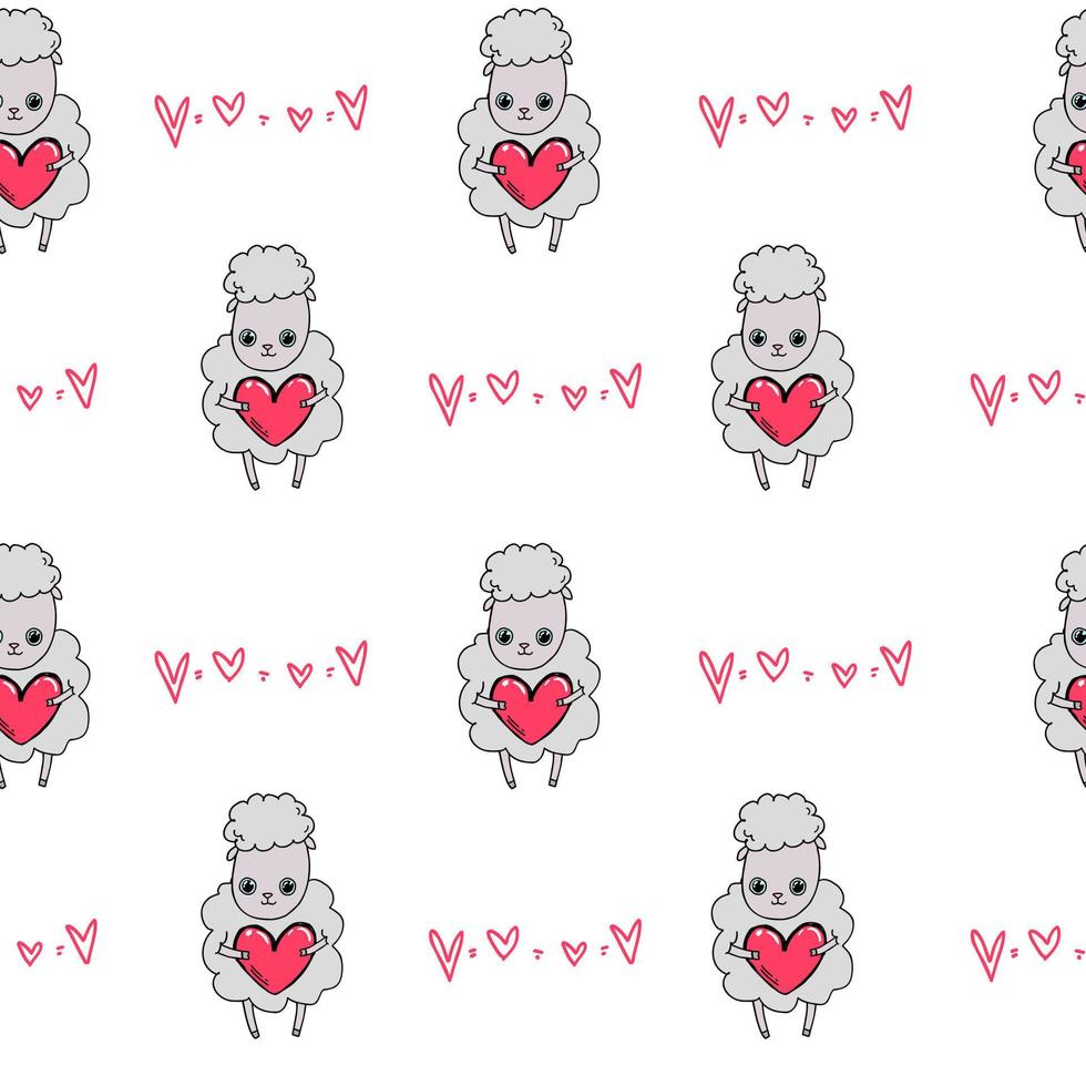 ovelhas de doodle de linha padrão branco bonito, corações. plano de fundo sem emenda. scrapbook de papel minimalismo, dia dos namorados para bebê. vetor