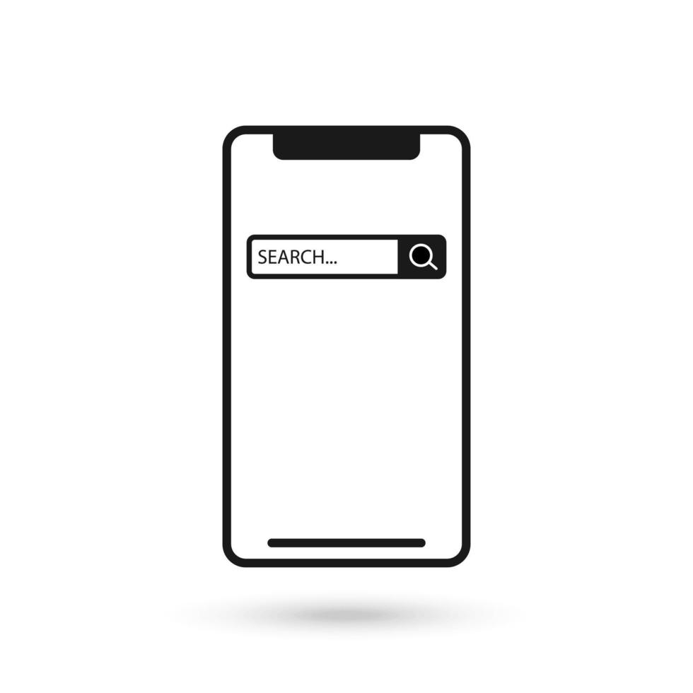 ícone do design plano do telefone móvel com o sinal da barra de pesquisa. vetor