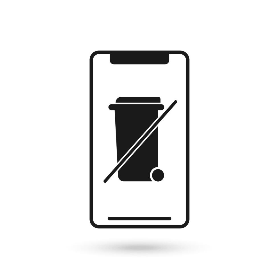 ícone de design plano de telefone móvel com não jogue no sinal de lixo. vetor