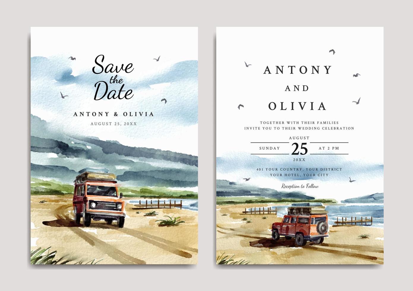 conjunto de convite de casamento de viagem na praia aquarela vetor