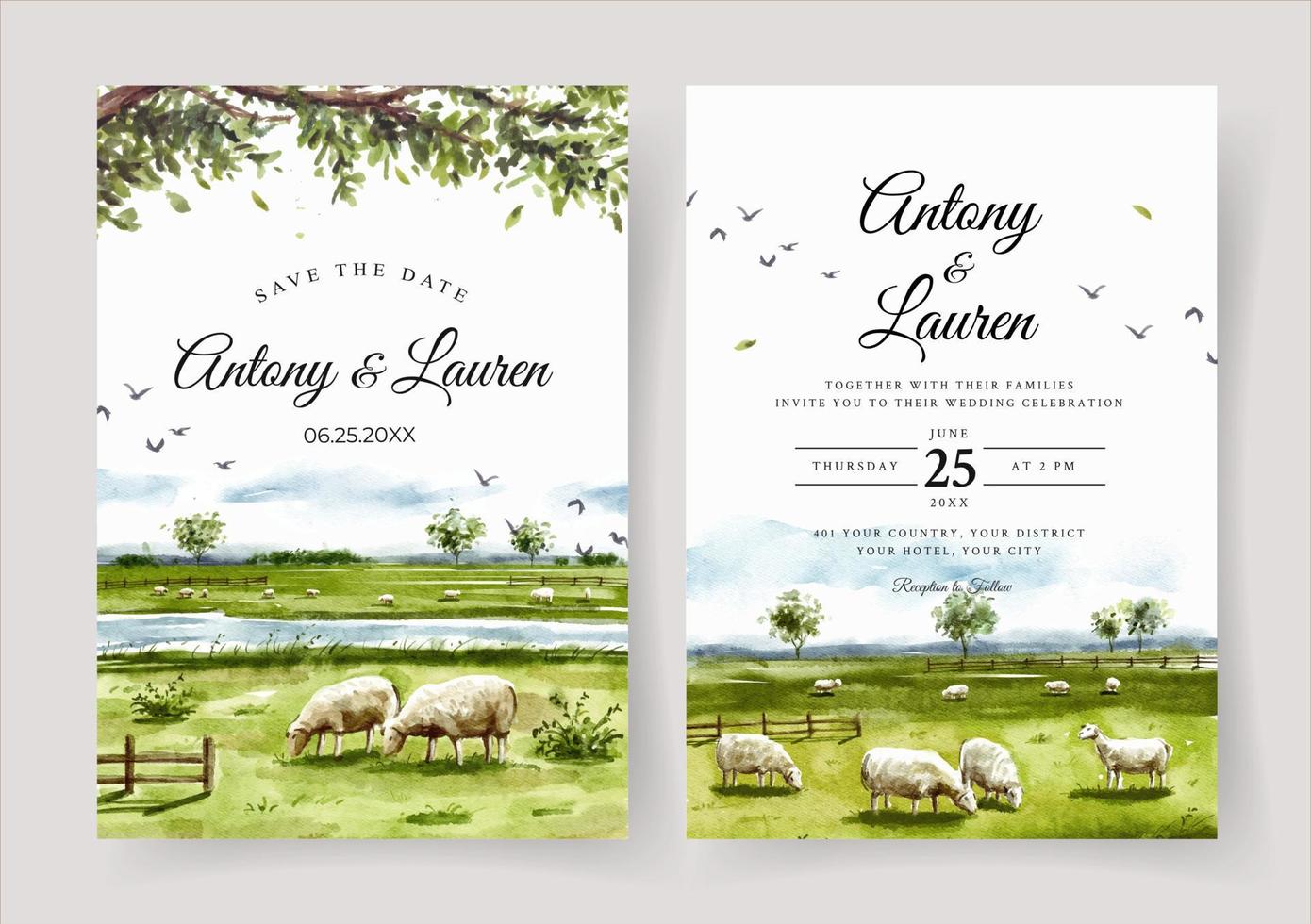 convite de casamento em aquarela de fazenda de ovelhas na paisagem natural de savana vetor