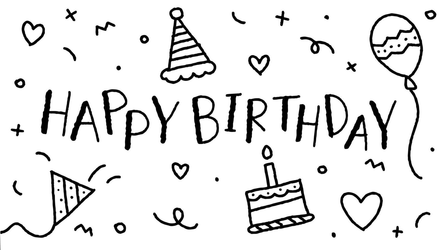 bonito feliz aniversário confete preto e branco doodle fundo borda moldura cartão convite retângulo ilustração vetorial vetor