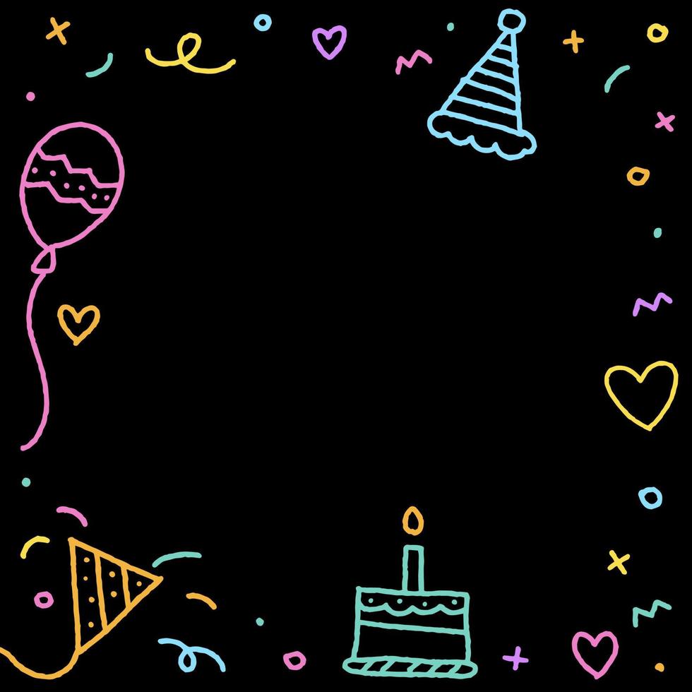 bonito feliz aniversário confete colorido rosa azul verde laranja roxo violeta amarelo doodle contorno arco-íris cor neon fundo preto borda moldura cartão convite quadrado ícone ilustração vetorial vetor