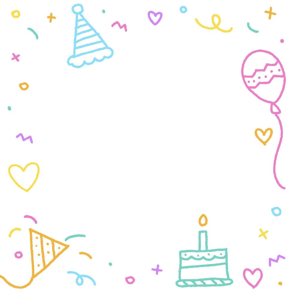 bonito feliz aniversário confete colorido rosa azul verde laranja roxo violeta amarelo doodle cor do arco-íris fundo branco borda moldura cartão convite quadrado ícone ilustração vetorial vetor