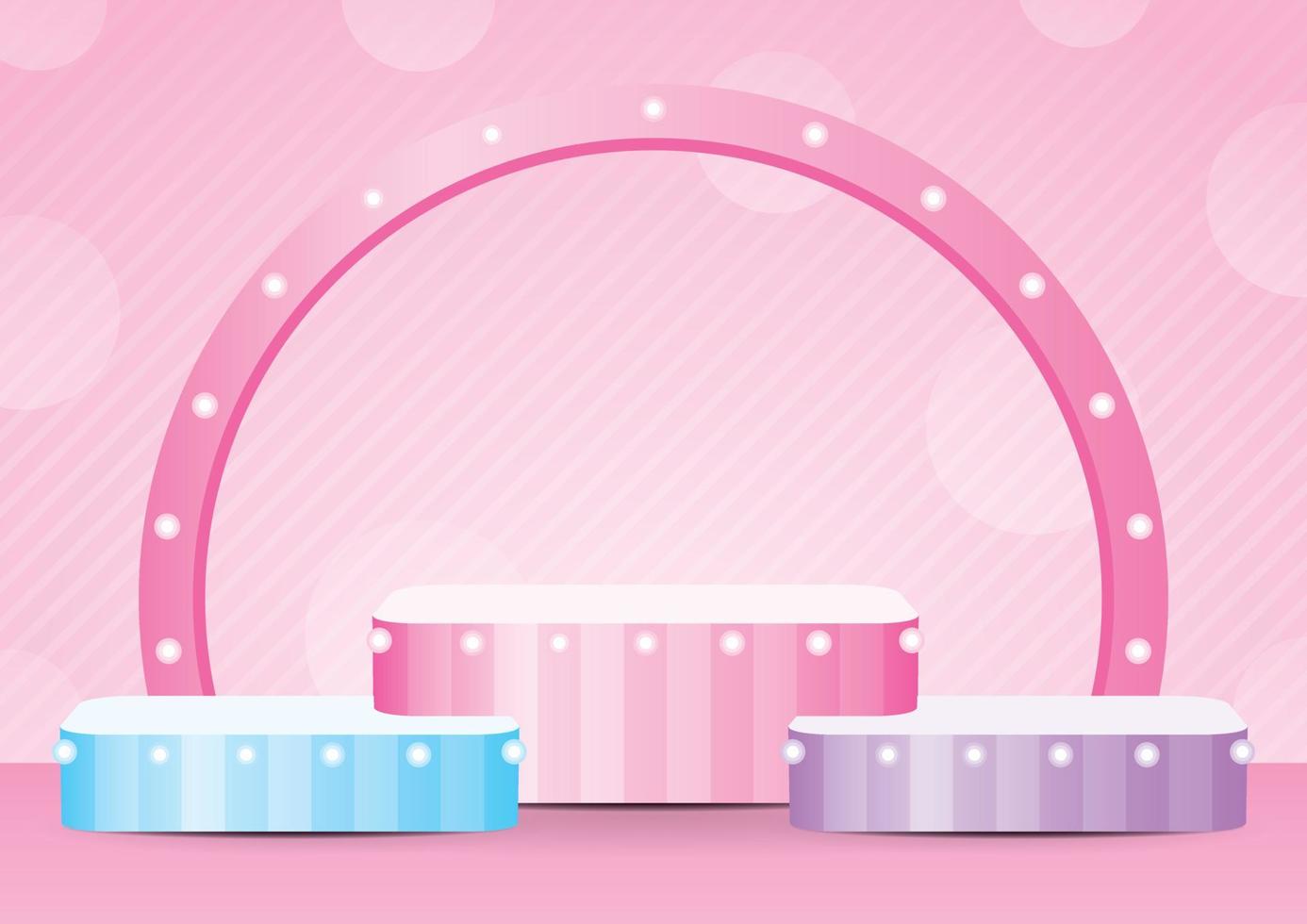 exibição de pódio feminino bonito com vetor de ilustração 3d de arco de lâmpada na parede rosa pastel doce e fundo do chão para colocar seu objeto