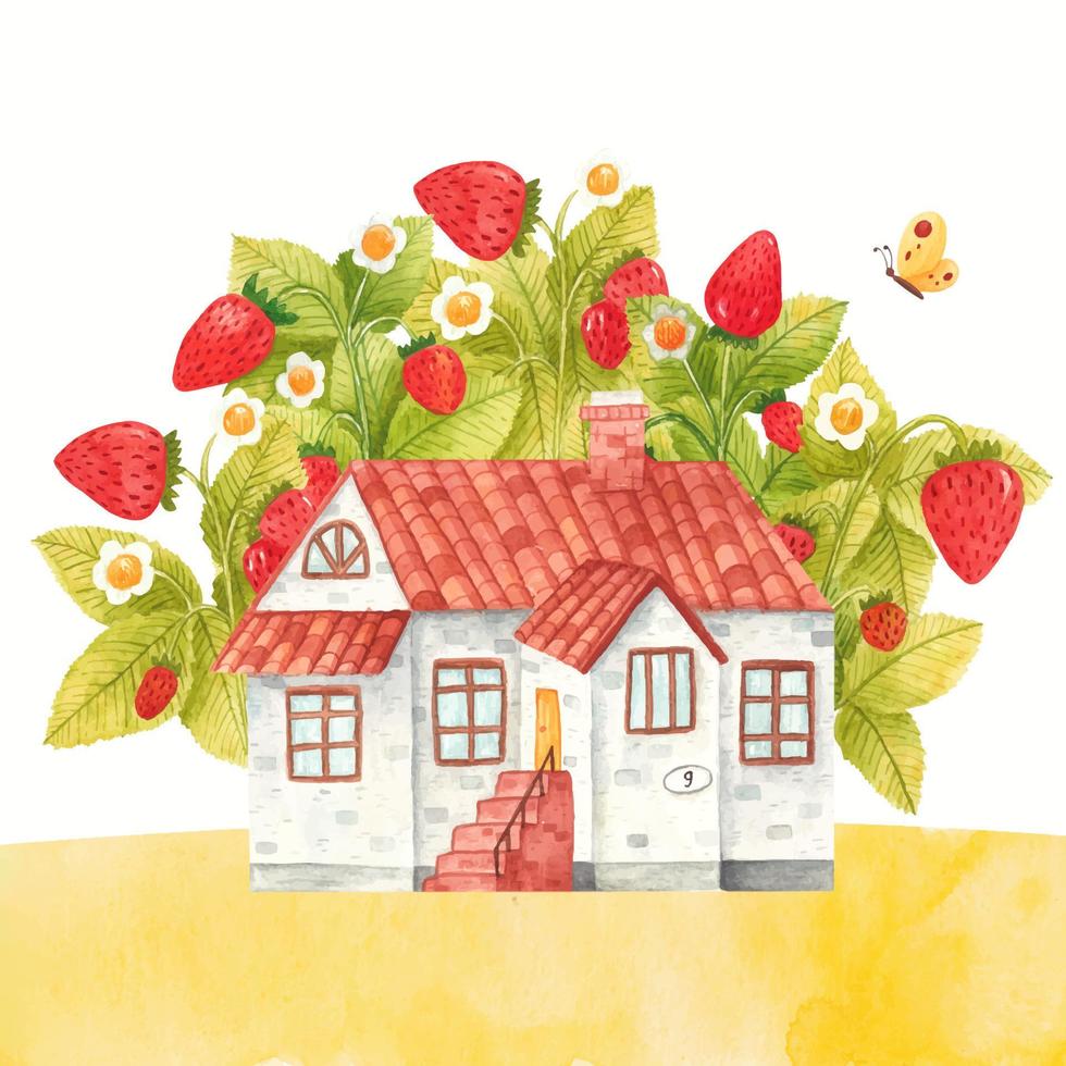 casa de aquarela desenhada à mão cercada por galhos de morango isolados no fundo branco. lodge rural de verão no prado entre a vegetação de frutas frescas com folhas e flores. vetor