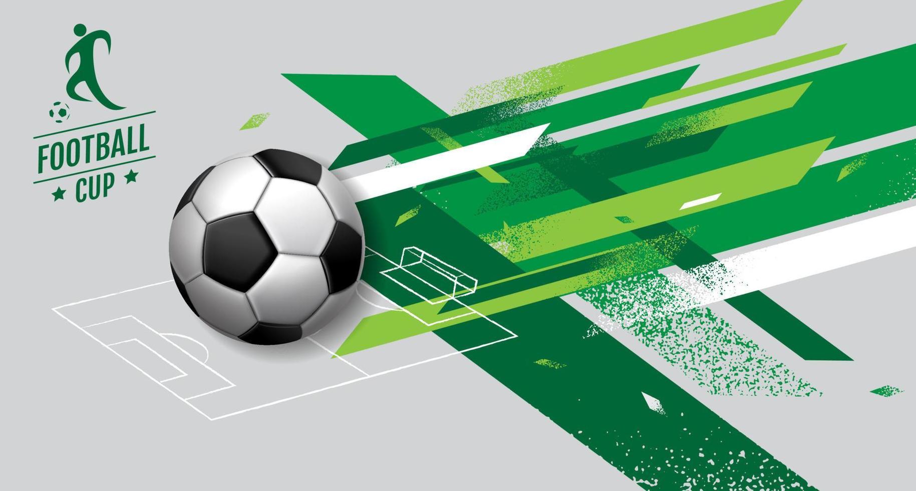 Banner da web com ilustração de bola de futebol ou futebol e campo de jogo  verde estilizado com bases