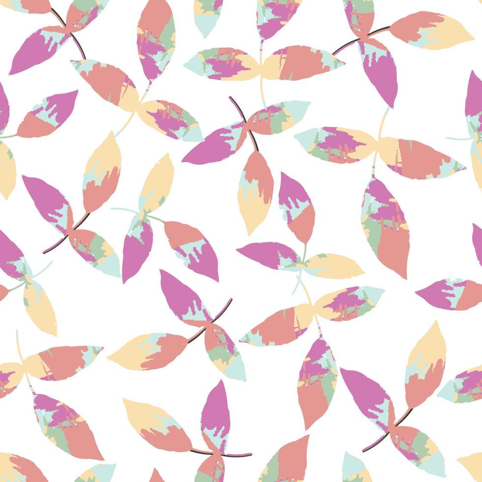 folhas multicoloridas desenhadas à mão sem costura em fundo branco, cartão ou tecido vetor