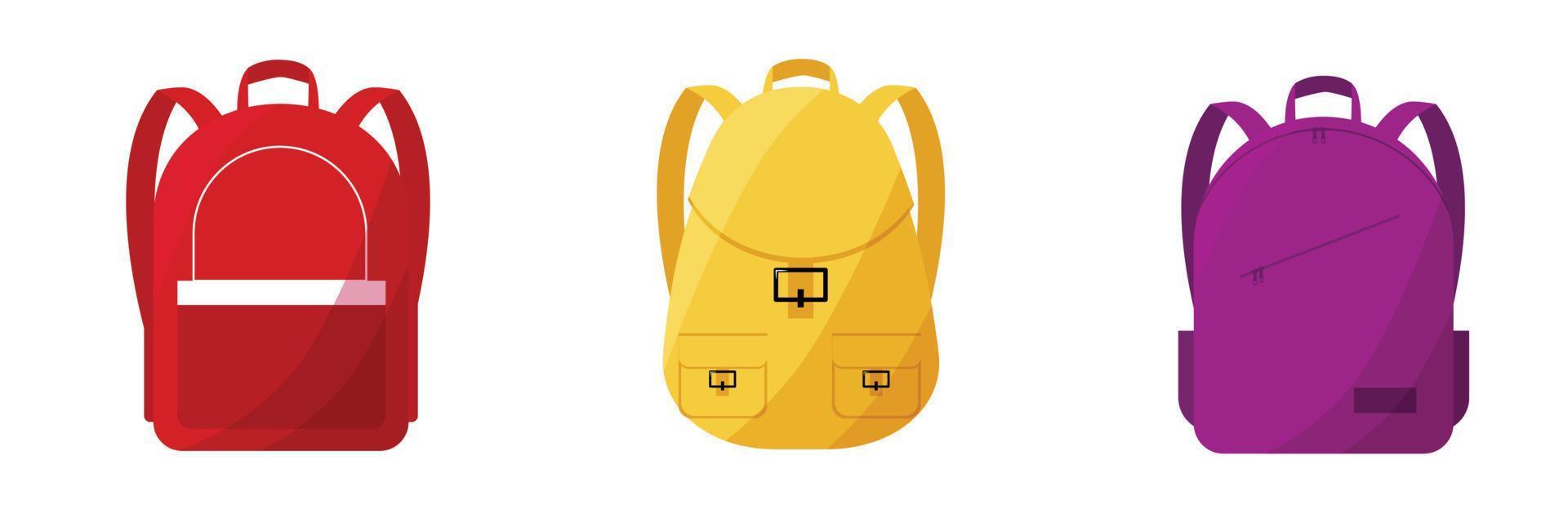 conjunto de mochila escolar, esportes e bolsa de viagem de ícone plano de formas diferentes isolado no fundo branco vetor
