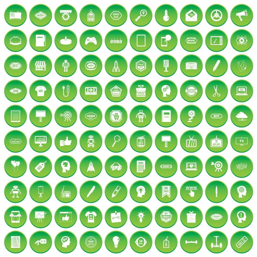 100 ícones de marketing criativo definir círculo verde vetor