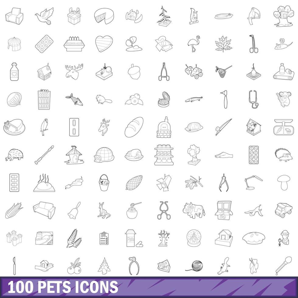 Conjunto de 100 ícones de animais de estimação, estilo de contorno vetor