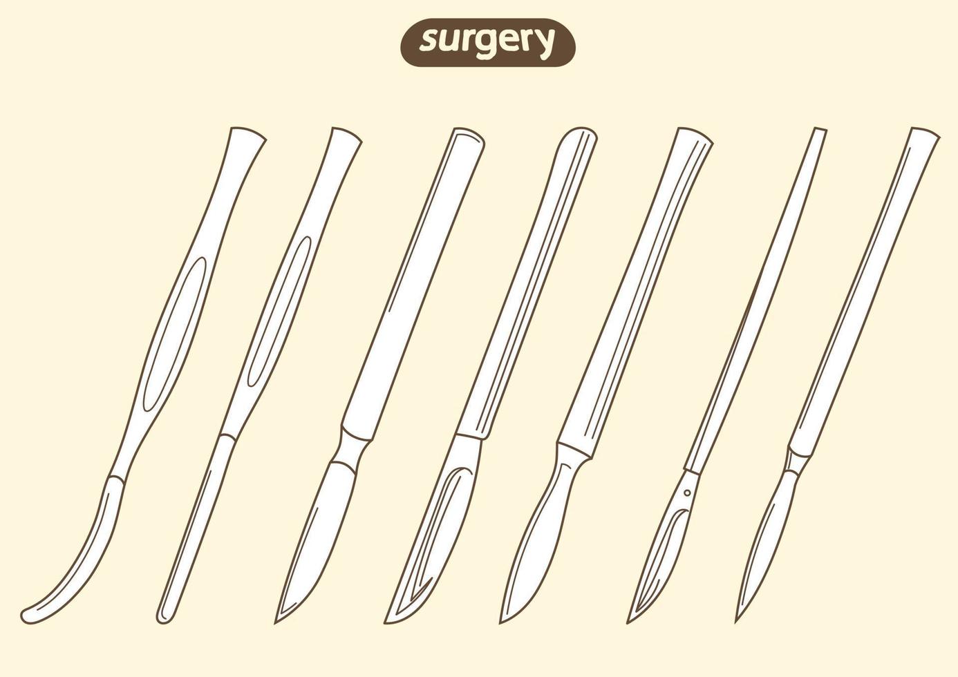 conjunto, esboço de esboço de um bisturi, silhueta de faca. cirúrgico, odontológico, instrumento médico vetor