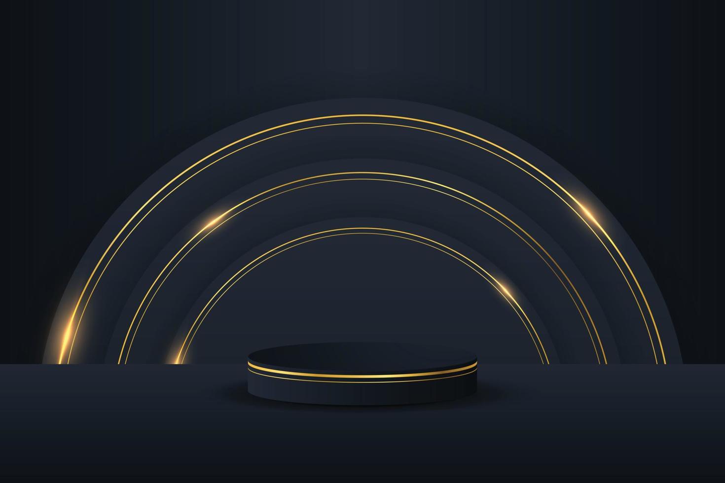 pódio preto e borda de ouro moderna com um fundo de elemento de círculo preto. ilustração em vetor abstrato mostrando uma forma 3d para colocar um produto com espaço de cópia.