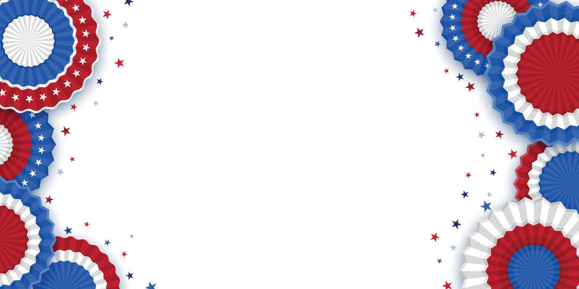 4 de julho dia da independência americana. feliz Dia da Independência. confete estrela vermelha, azul e branca, decorações de papel em fundo branco. configuração plana, vista superior, espaço de cópia, banner vetor
