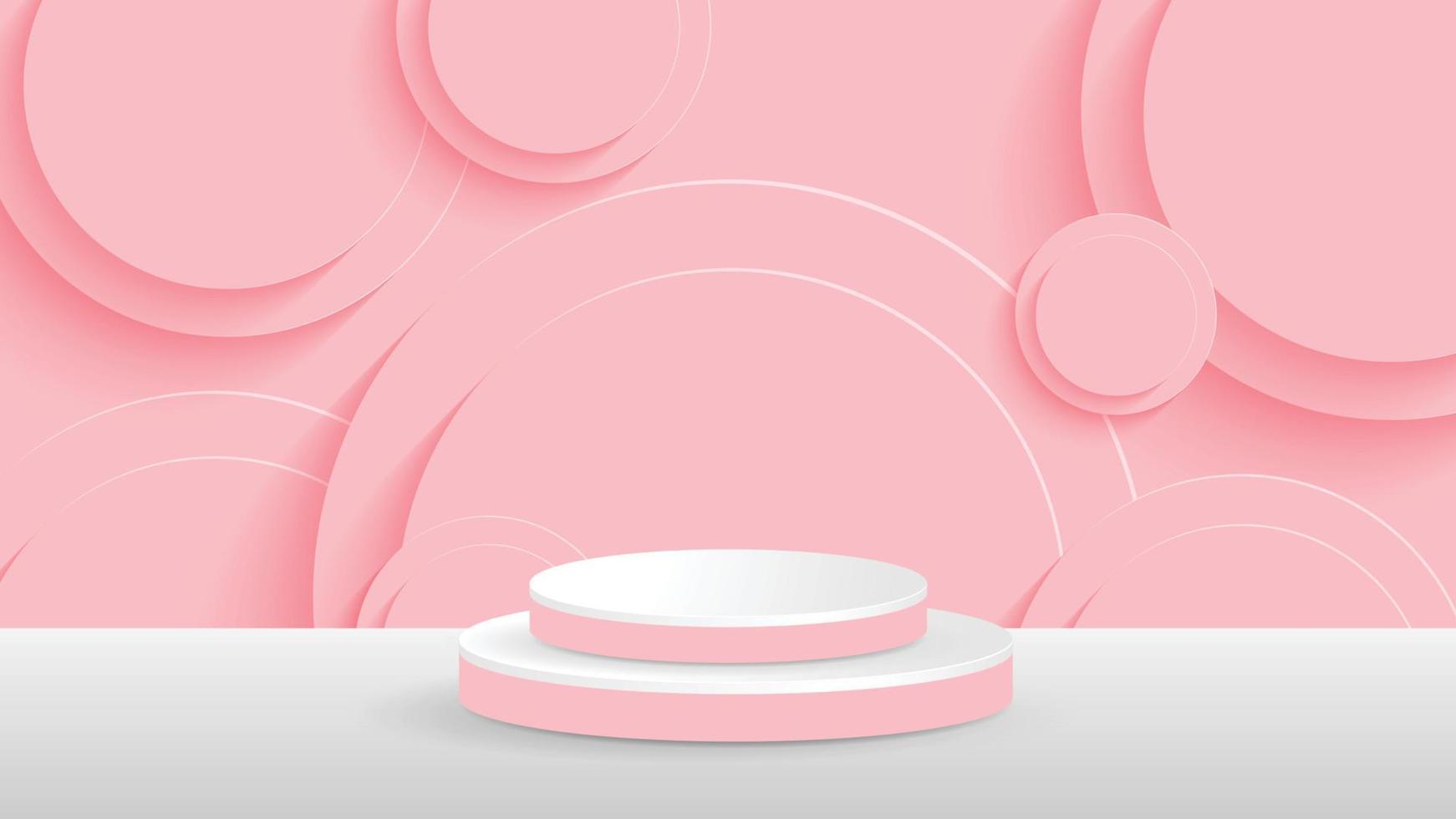 produto de exibição de pódio rosa o produto mostra um plinto branco e um elemento de círculo em relevo. display de pedestal de vetor de fundo rosa, suporte de produto cosmético ilustração em vetor 3d