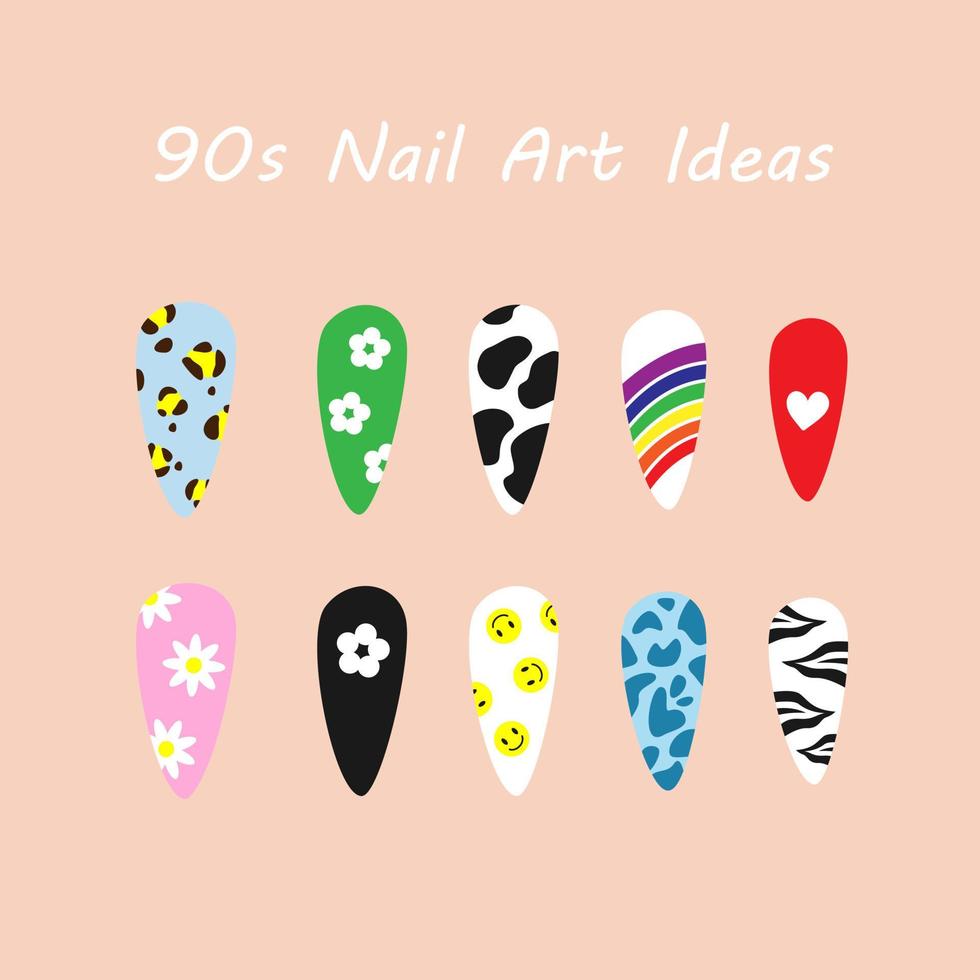 Manicure de idéias de nail art dos anos 90. conjunto de manicure colorido brilhante vetor